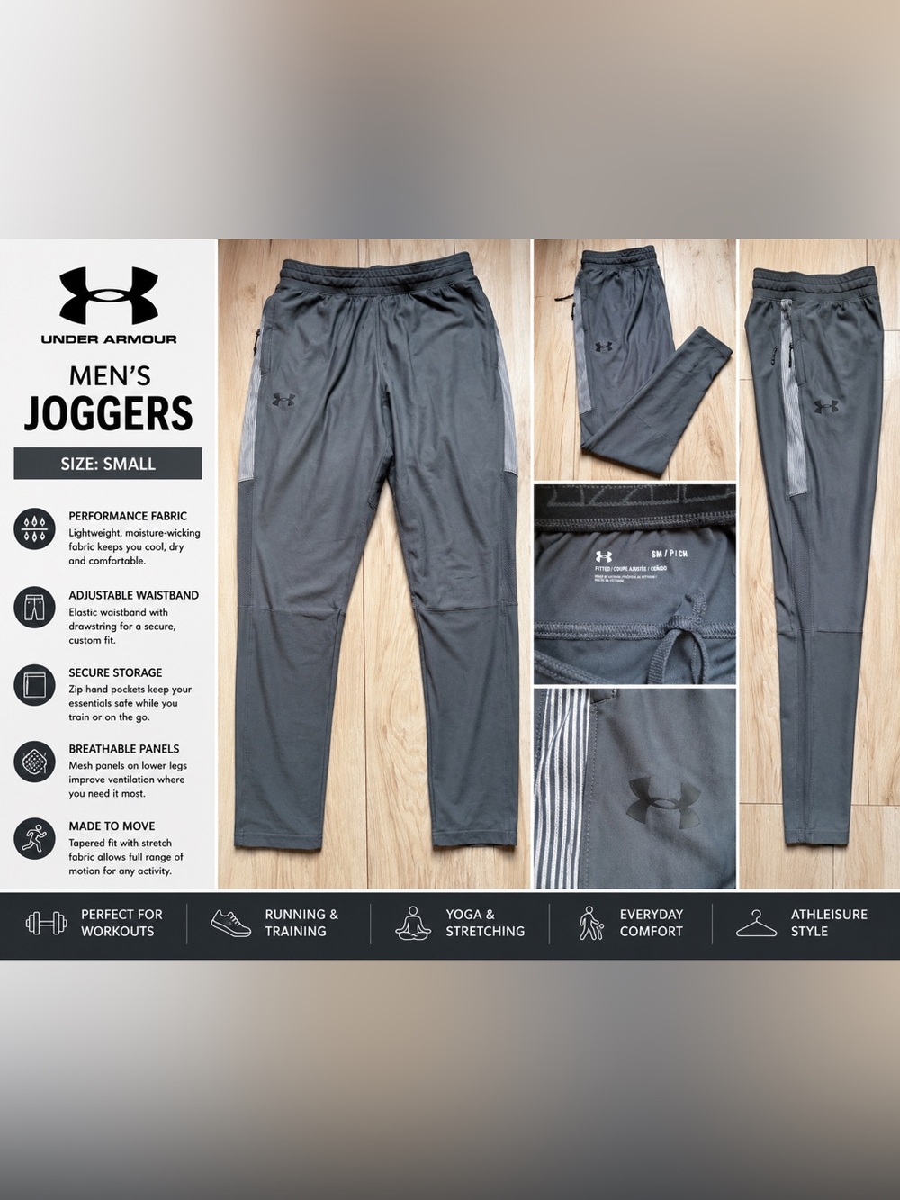 Under Armour Men’s Gray Tapered Training Joggers Size Small | Athletic Workout